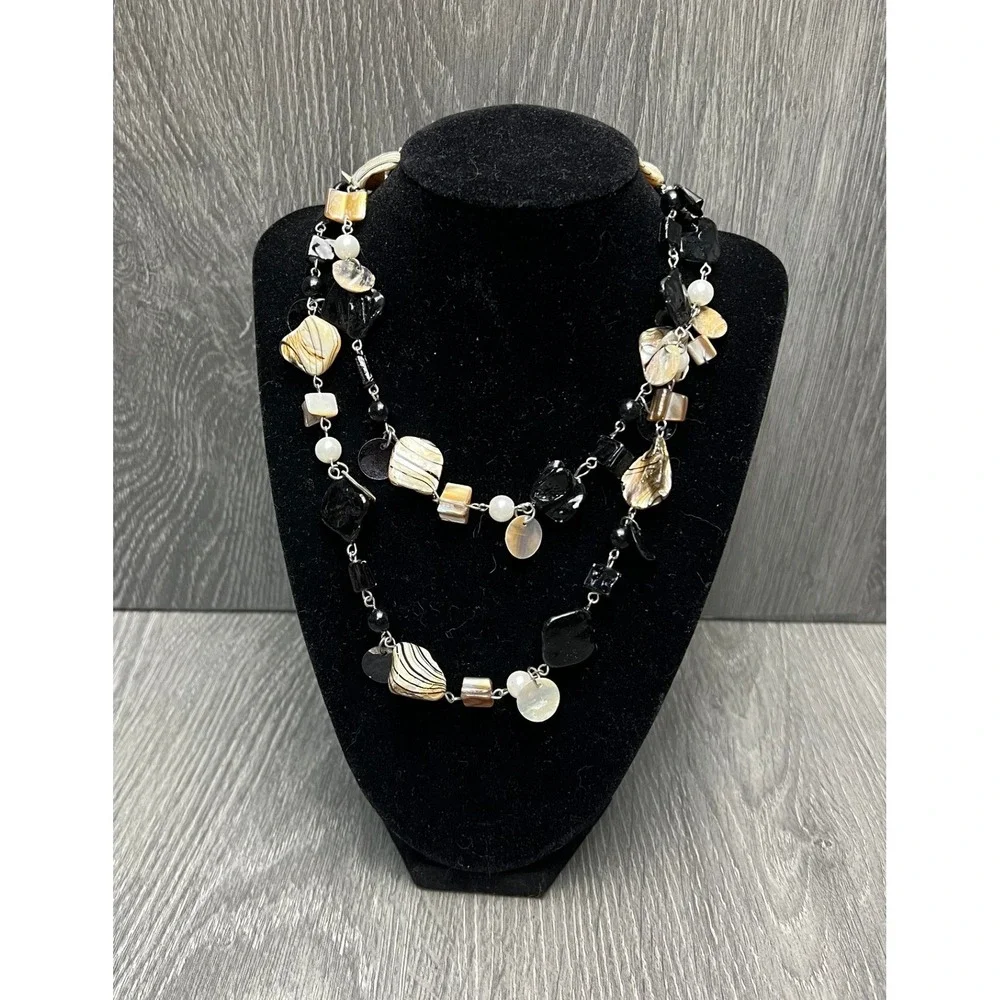 Black Mother of Pearl Shell Faux Pearl Long Layered Statement Necklace Silver
